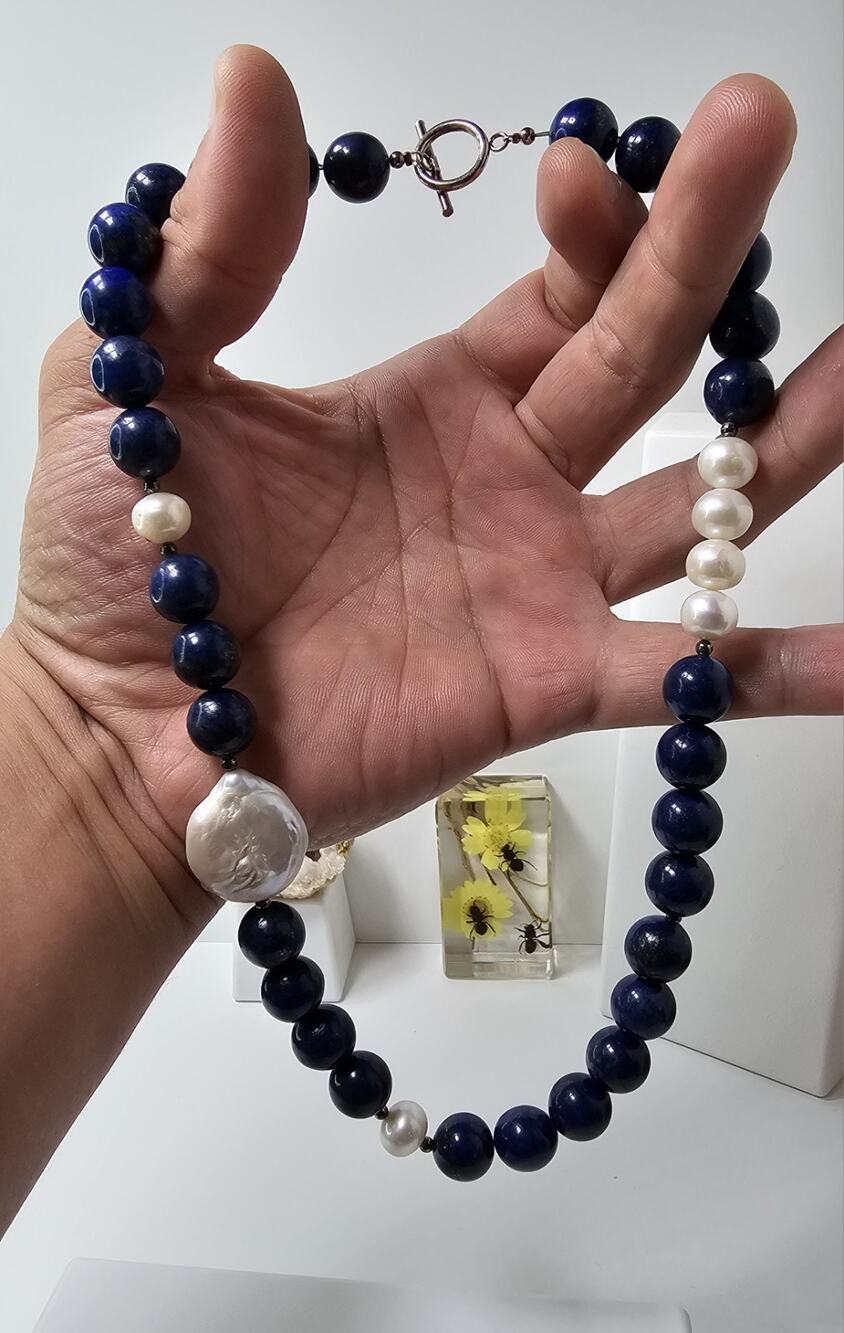 Heavy Beaded Necklace Lapis, Pearl & Sterling Silver- 20"